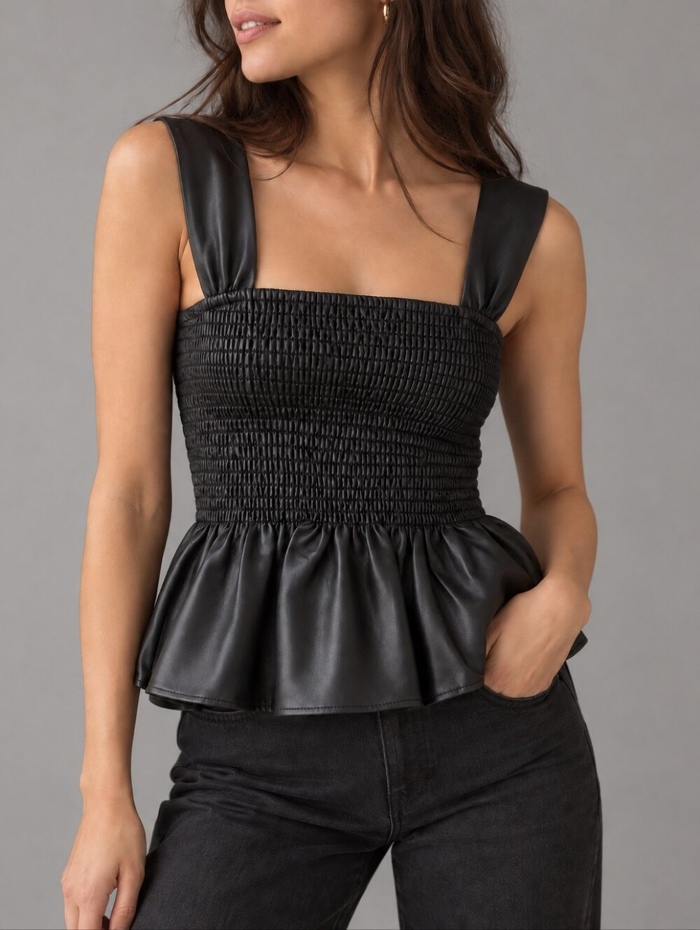 STAUD Black Faux Leather Smocked Peplum Tank Top Womens Size XS